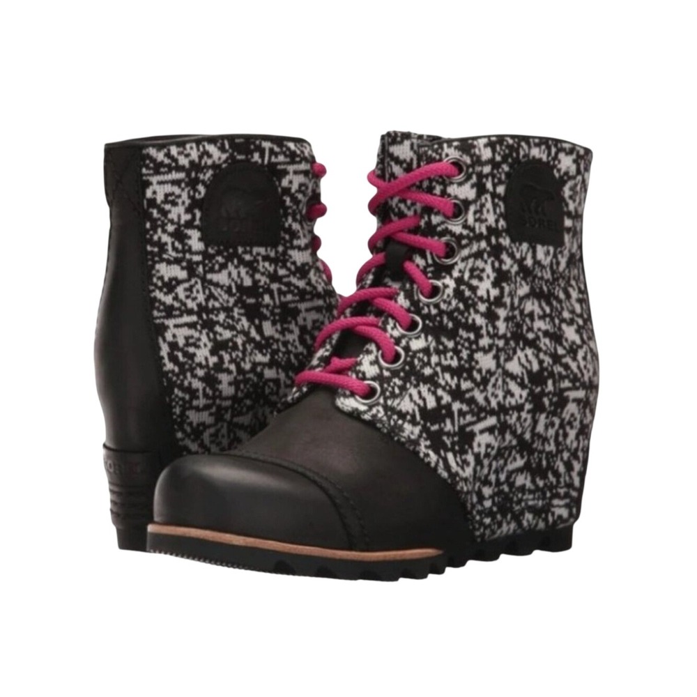 Sorel Black White Knit Shaft Size 8 Solar PDX Wedge Ankle Boots Hot Pink Laces